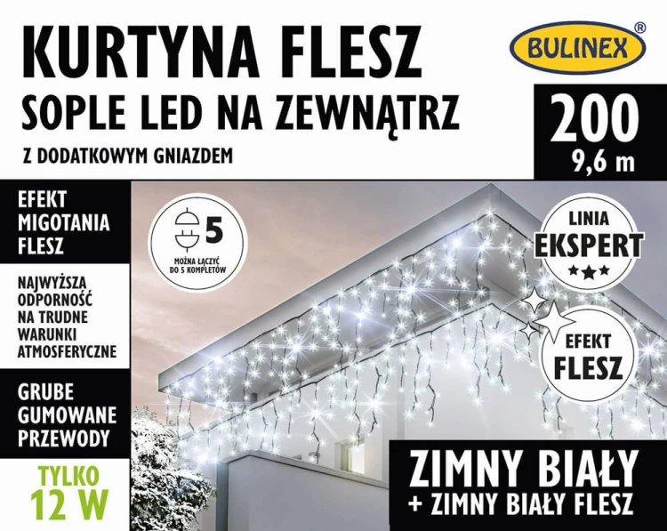 Kurtyna świetlna sople biała zimna 9,6m + flash