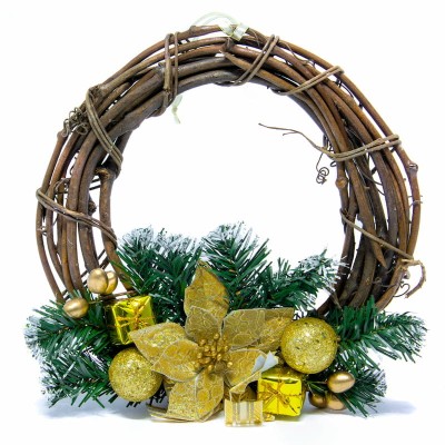 Wieniec świąteczny wiszący 25 cm rattan złoty