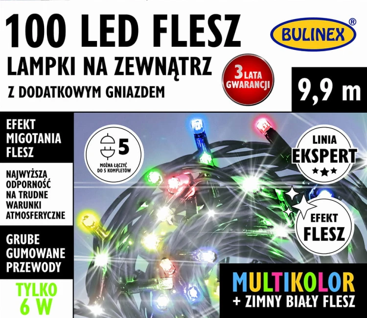 Lampki choinkowe na grubym kablu 100 LED z Fleszem Multikolor fot. 1