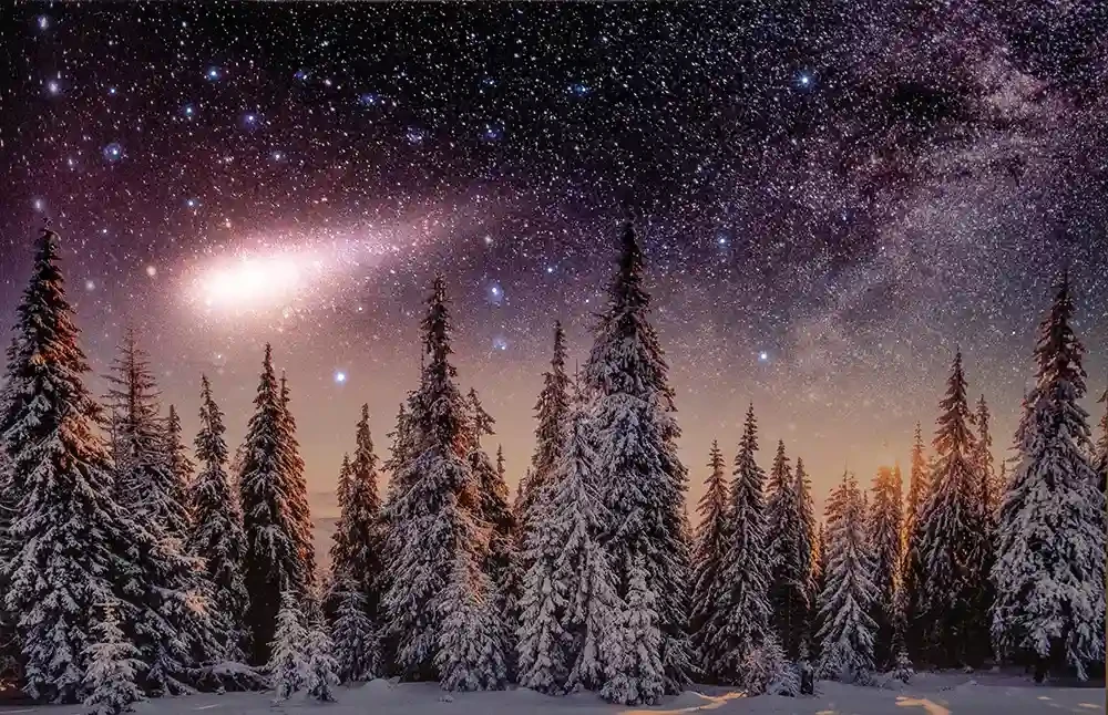 Obraz 58x38cm śnieżny krajobraz ze spadającą gwiazdą