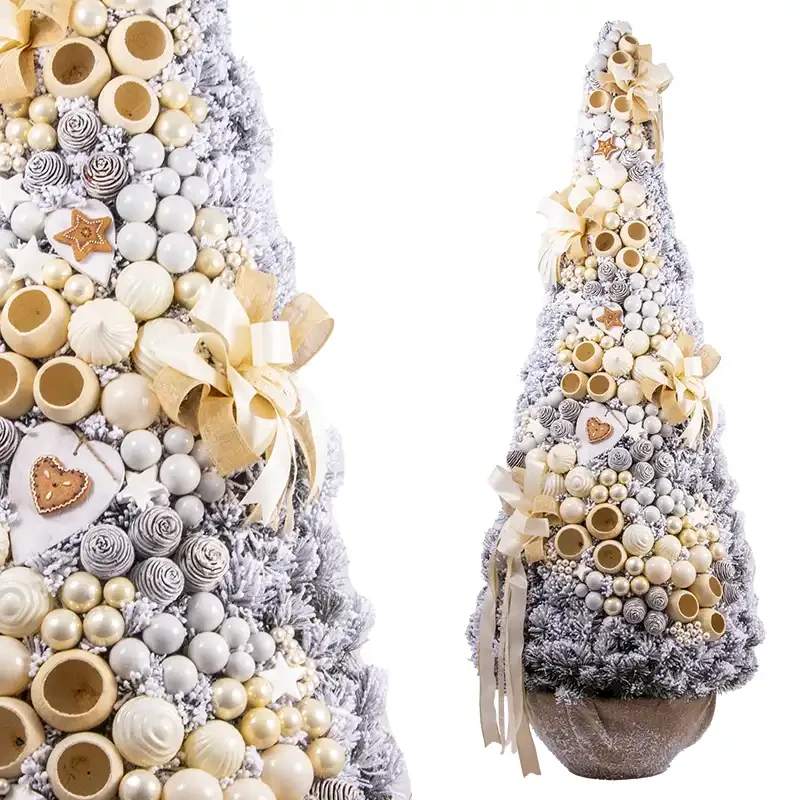 Sztuczna Choinka Ubrana 180 cm - Beżowo-Kremowa Ośnieżona