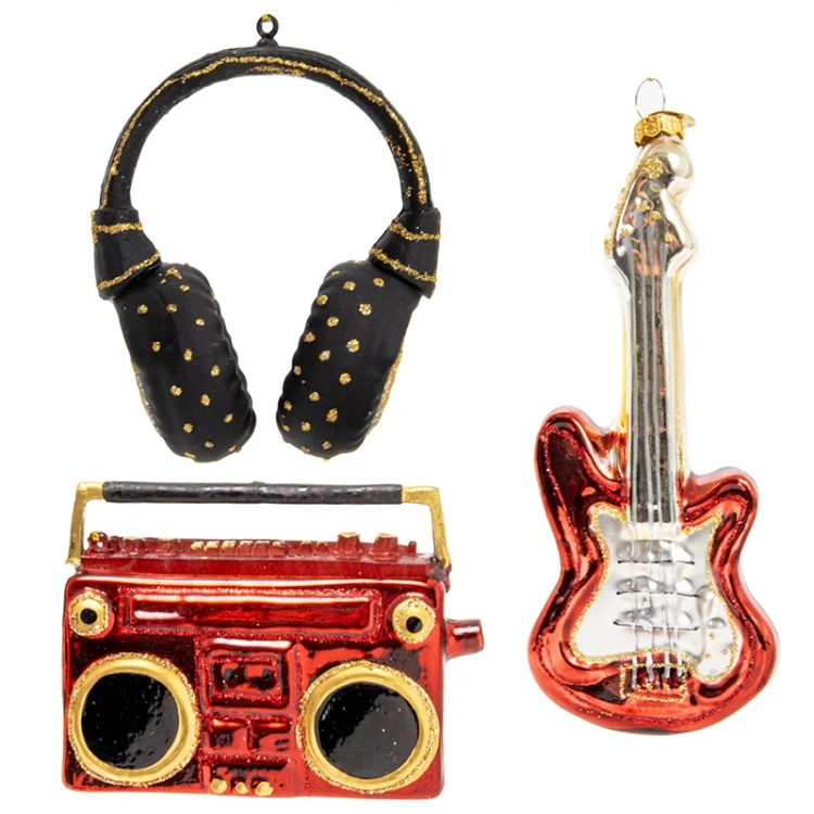 Zestaw szklanych zawieszek na choinkę - gitara, radio i słuchawki