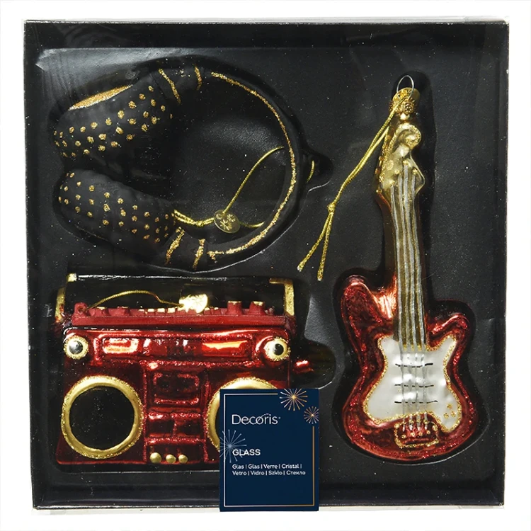 Zestaw szklanych zawieszek na choinkę - gitara, radio i słuchawki