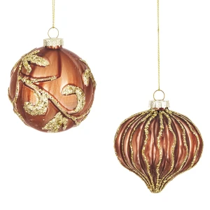 Szklane brązowe bombki choinkowe z brokatem - 2 szt.