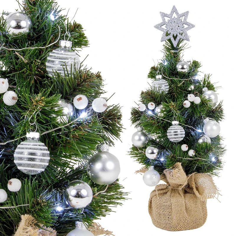 Mała srebrna choinka LED - do udekorowania ze szklanymi bombkami 35 cm