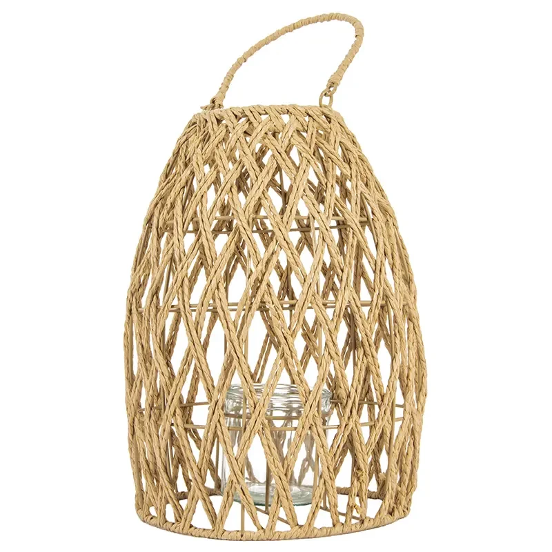 Naturalny pleciony lampion z szklanym wkładem - 27x35 cm