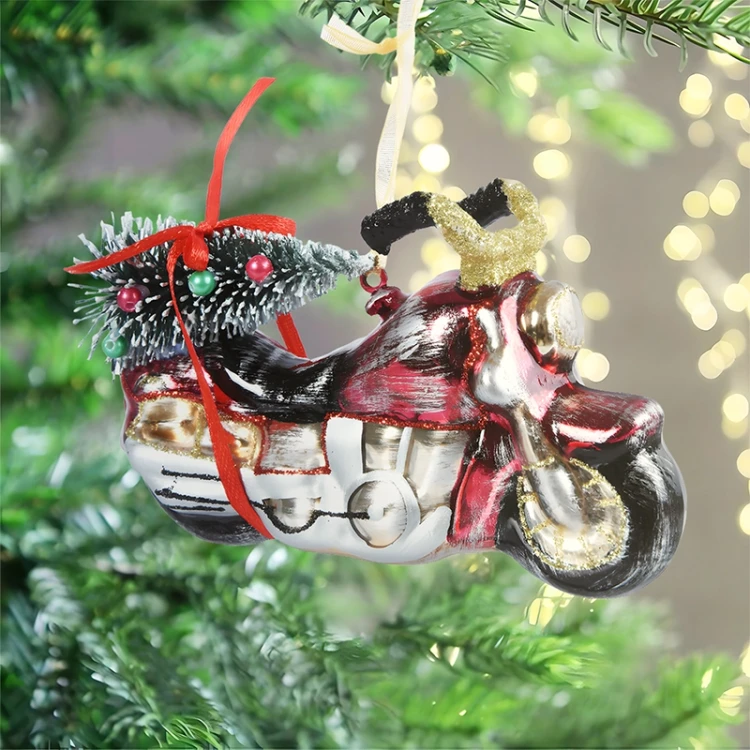 Szklana Zawieszka Choinkowa - Motocykl z choinką 12 cm