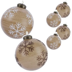 Szklane bombki choinkowe z drewnianym motywem i płatkiem śniegu -  kpl. 6 szt.