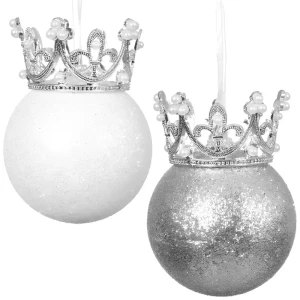 Piankowe bombki z koroną - Biało-srebrne bombki choinkowe kpl. 6 szt.