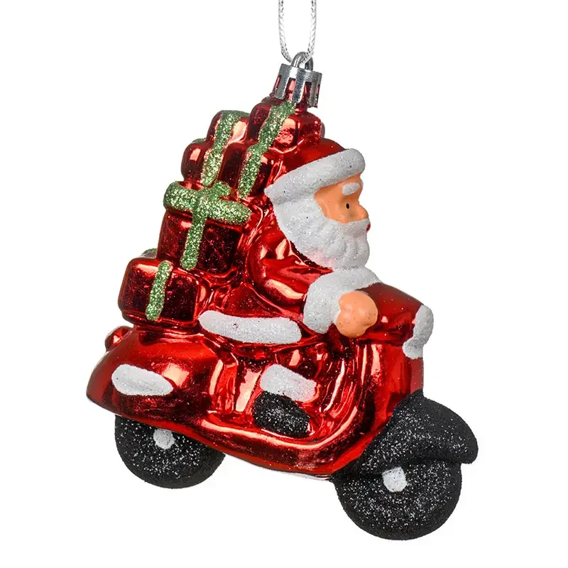 Czerwona zawieszka choinkowa - Święty Mikołaj na skuterze 10 cm
