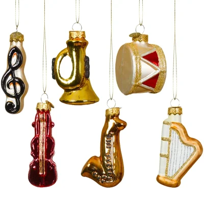 Szklane zawieszki choinkowe 7,5 cm - Muzyczne instrumenty kpl. 6 szt.