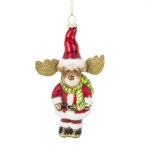Szklana zawieszka choinkowa - Renifer w stroju mikołaja 