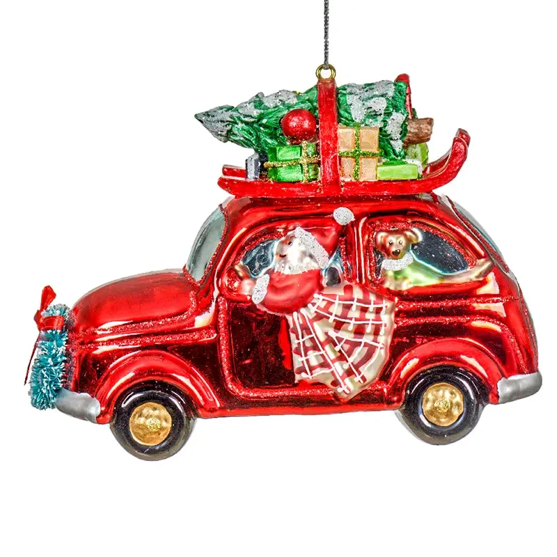 Mikołaj z pieskiem w samochodzie - Szklana bombka choinkowa