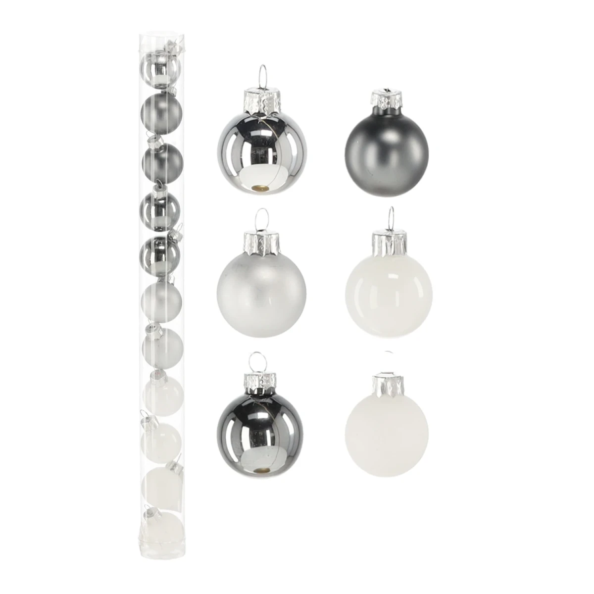 Bombki choinkowe szklane 3cm kpl. 11 szt. biało-srebrne w tubie