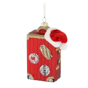 Ozdoba choinkowa szklana - walizka w czapce Mikołaja 10,8x6,7x3,4cm