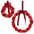 Czerwony żelazny wieniec z bordowa wstążką i dzwoneczkami - kpl. 2 szt