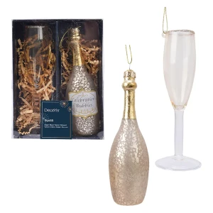Szampana z kieliszkiem - Szklany zestaw zawieszek 12,5 cm