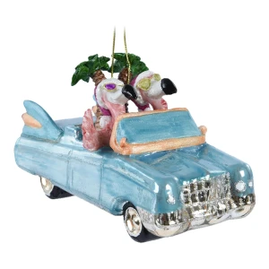 Szklana zawieszka choinkowa - Flamingi w kabriolecie 