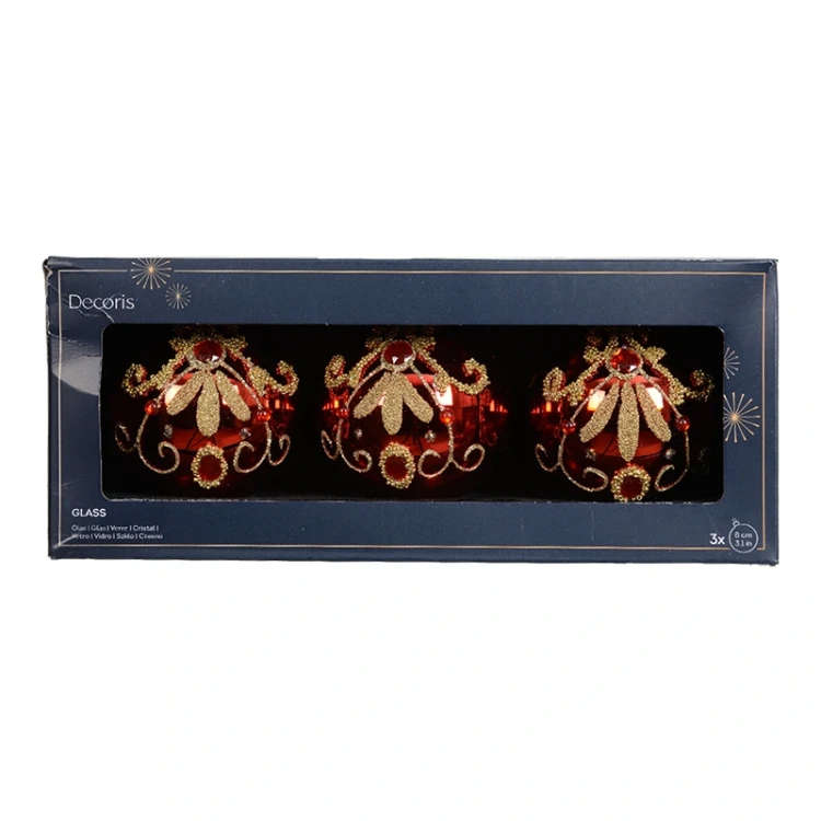 Szklane bombki w stylu PRL - kpl. 3 szt. 8 cm - Czerwone