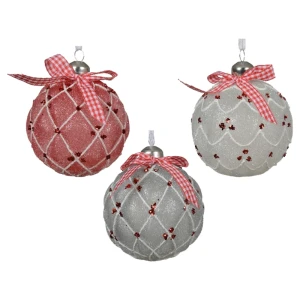 Szklane zestaw dekorowanych bombek z kokardą 8 cm kpl. 6 szt. 