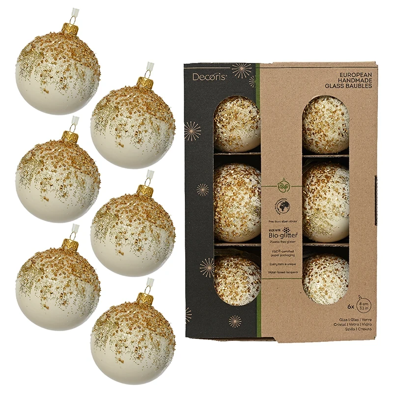 Szklane ręcznie dekorowane bombki choinkowe - ciepły biały 8 cm 6 szt