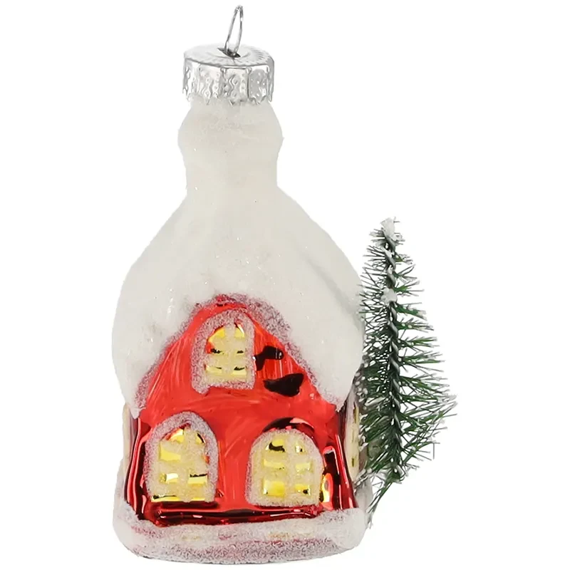 Domek z choinką - Szklana zawieszka choinkowa 9 cm