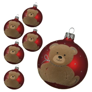 Szklane czerwone bombki z misiem - 8 cm 6 szt.