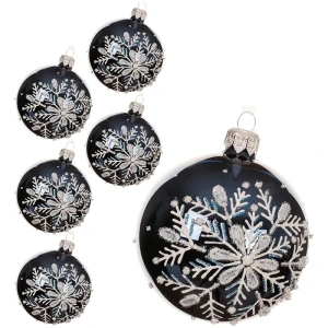 Szklane granatowe bombki  z śnieżką  kpl. 6 szt., 8 cm