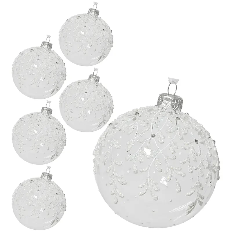 Szklane przezroczyste bombki z gałązkami kpl. 6 szt., 8 cm