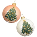 Szklane biało-różowe bombki z choinką kpl. 6 szt., 8 cm