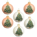 Szklane biało-różowe bombki z choinką kpl. 6 szt., 8 cm