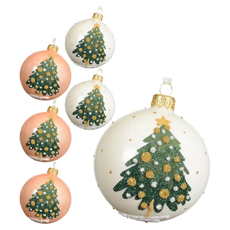 Szklane biało-różowe bombki z choinką kpl. 6 szt., 8 cm