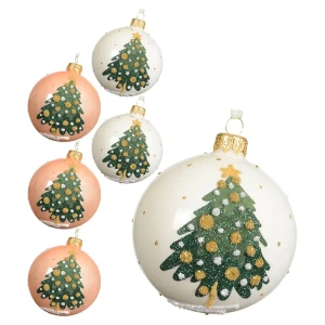Szklane biało-różowe bombki z choinką kpl. 6 szt., 8 cm 