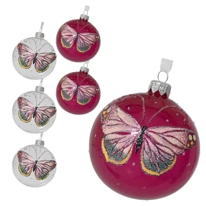 Szklane przezroczyste bombki z motylem - 6 szt. 8 cm