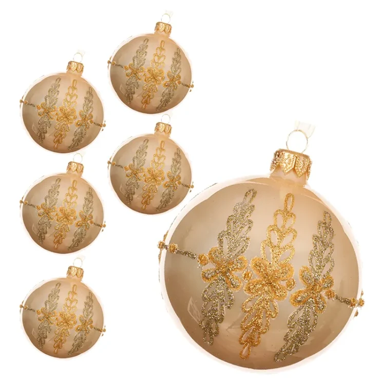 Szklane bombki z ornamentem kpl. 6 szt. 8 cm perłowe