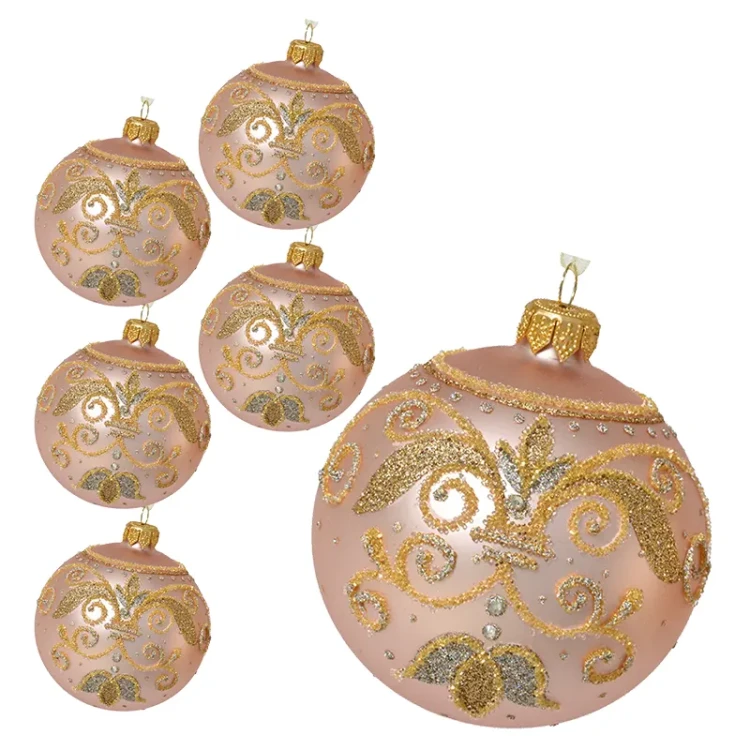 Szklane bombki z ornamentem kpl. 6 szt. 8 cm różowe