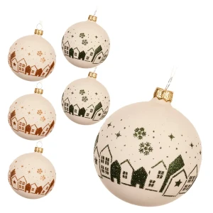 Ciepłe białe bombki z domkami - 6 szt. 8 cm