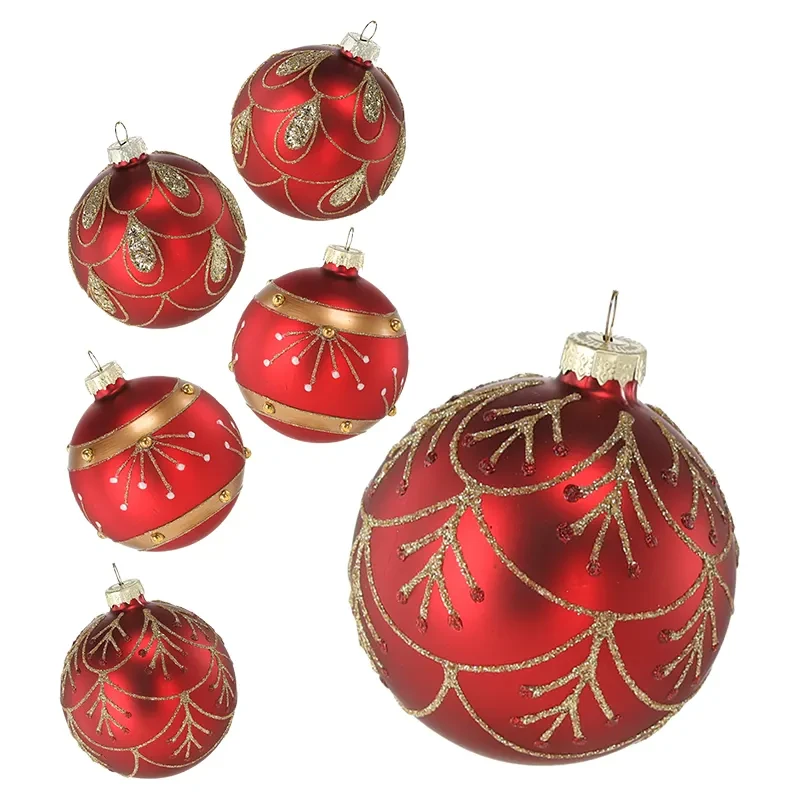 Czerwone szklane bombki choinkowe ze złotym zdobieniem 8 cm 6 szt.