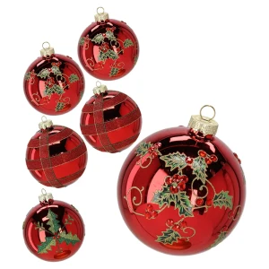 Czerwone szklane bombki choinkowe ze ostrokrzewem 8 cm 6 szt. 