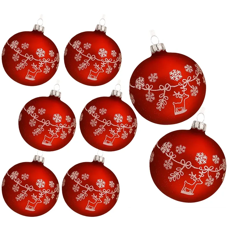 Czerwone szklane bombki z płatkiem śniegu - 8 cm kpl. 12 szt.