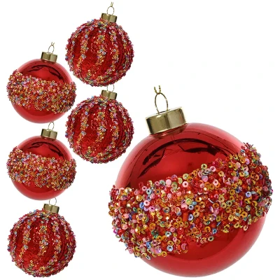Czerwone bombki choinkowe z koralikami 8 cm 6 szt.