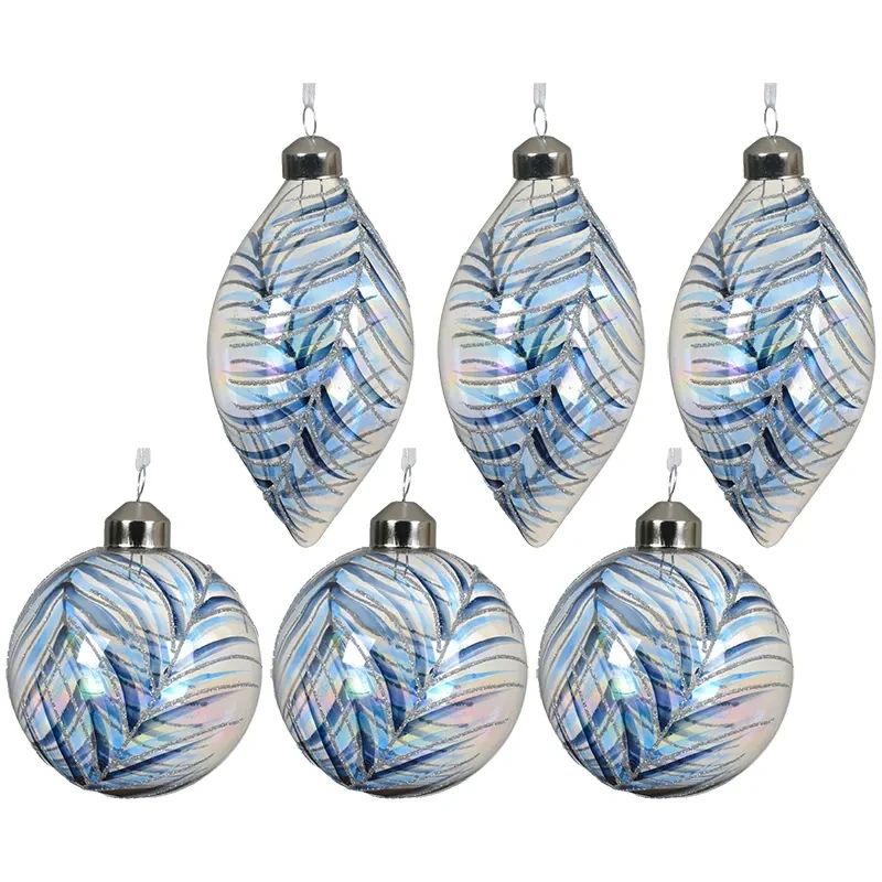 Przezroczyste niebieskie szklane bombki z liściem kpl.6 szt 8 cm