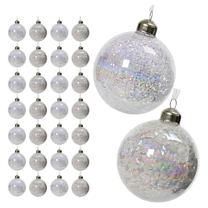 Przezroczyste białe szklane bombki z drobinkami 12 szt. 8 cm