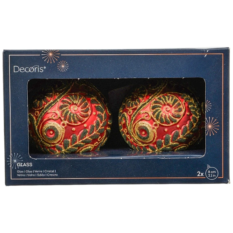 Czerwone szklane bombki choinkowe dekorowane - kpl. 2 szt. 8 cm