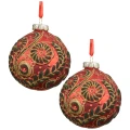 Czerwone szklane bombki choinkowe dekorowane - kpl. 2 szt. 8 cm