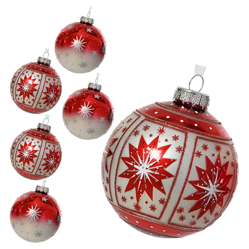 Czerwone szklane bombki choinkowe dekorowane - kpl. 6 szt. 8 cm