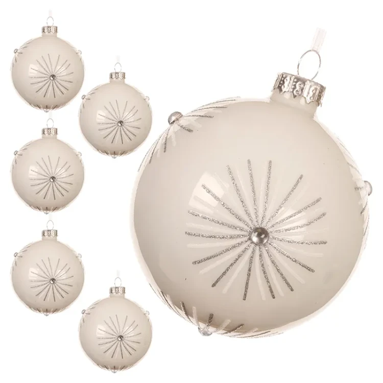 Bombki choinkowe z diamentem - kpl. 6 szt. 8 cm kremowe