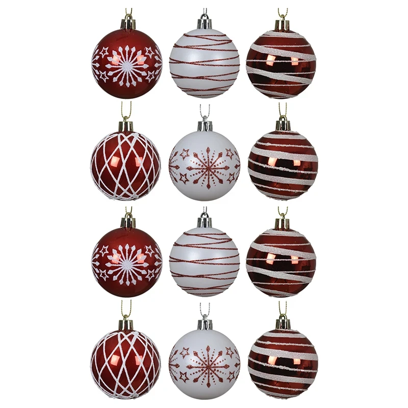 Biało-czerwone plastikowe bombki choinkowe 12 szt. 6 cm