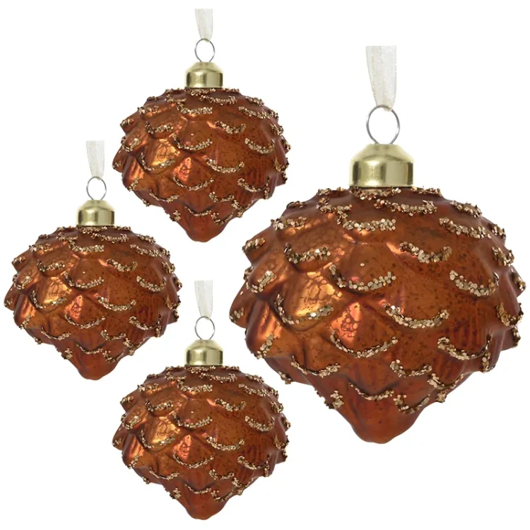 Szyszki miedziane - szklane bobmki choinkowe kpl. 4 szt. 8 cm