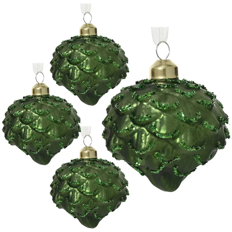 Szyszki zielone - szklane bobmki choinkowe kpl. 4 szt. 8 cm